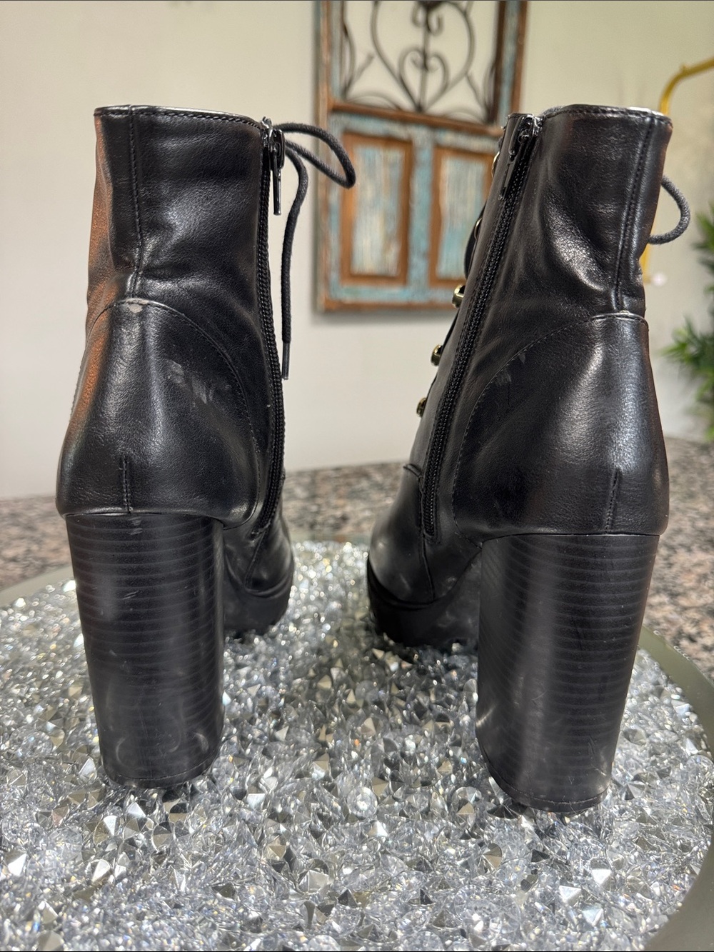 Express Black Lace-Up Platform Ankle Boots with Gold Hardware - Picture 9 of 16